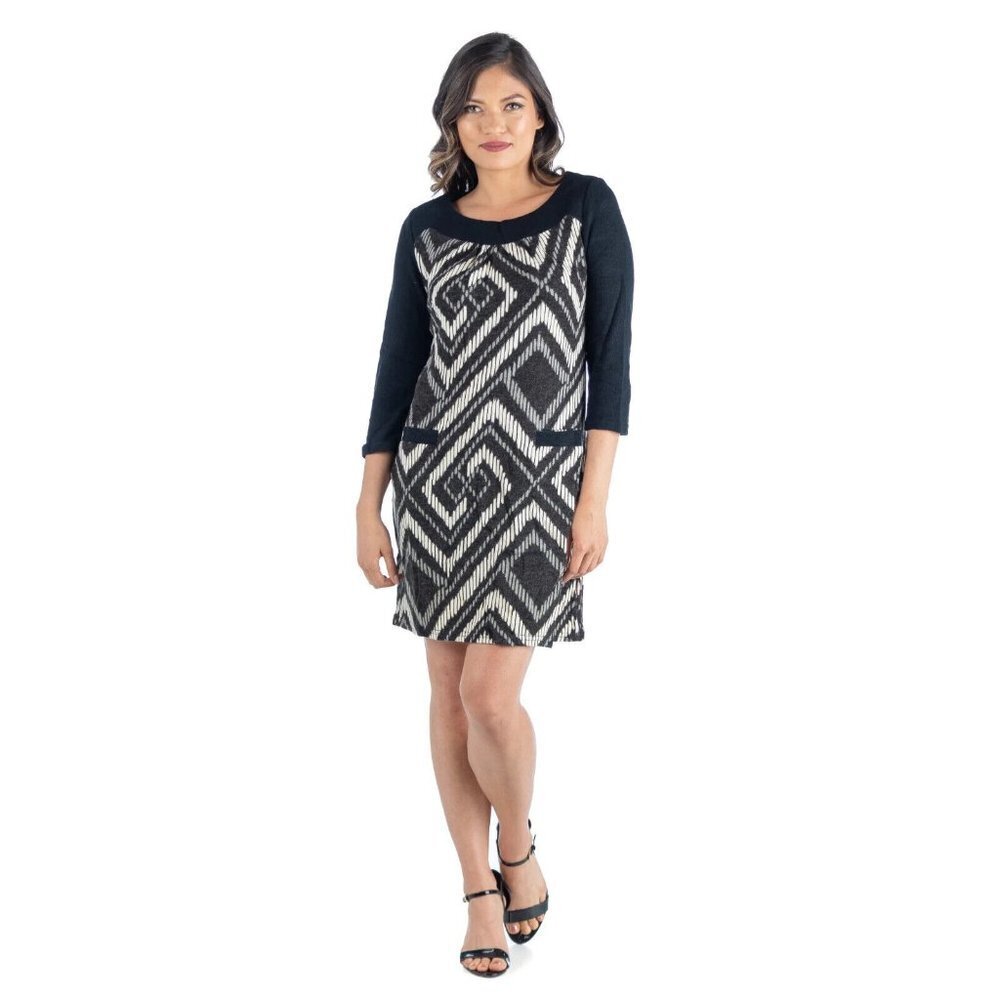Aryeh Knee Length Shift Dress Women Large Black 3/4 Sleeve Pockets Striped